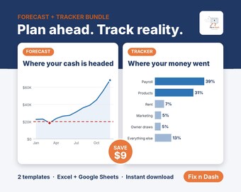 Pacchetto per la gestione del flusso di cassa, modelli di previsione e monitoraggio, dashboard per piccole imprese in Excel e Fogli Google, pianificatore di budget aziendale e registro delle spese.