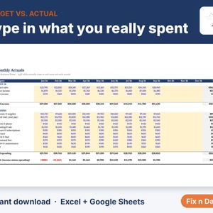 May include: A digital spreadsheet template titled Budget vs. Actual with the text Type in what you really spent. The table displays Monthly Actuals for categories including Money In, Spending, and Profit, compatible with Excel and Google Sheets.