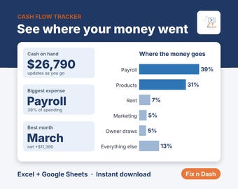 Foglio di calcolo per il monitoraggio del flusso di cassa, strumento per il monitoraggio di entrate e uscite delle piccole imprese, dashboard in Excel e Fogli Google, registro finanziario mensile aziendale.