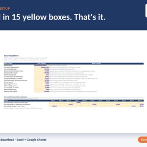 May include: A digital spreadsheet template titled Your Numbers with a dark blue header and white text. The layout features rows for financial data entry with 15 yellow boxes for user input, labeled Easy Setup and Fix n Dash.