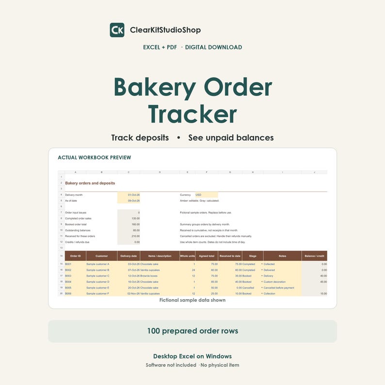 Bakery Order and Deposit Tracker for Excel: Customer Payments and ...