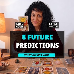 May include: A person holding a tarot card featuring a sun illustration, with text overlays reading SAME HOUR, EXTRA DETAILED, 8 FUTURE PREDICTIONS, and WHAT AWAITS YOU? Multiple tarot cards are spread out on a table in front of them.