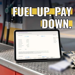 May include: A tablet displaying a digital Tracker Debt Payoff Planner spreadsheet with financial columns and rows, positioned on a metal surface with the bold yellow text overlay FUEL UP. PAY DOWN. visible above the screen.