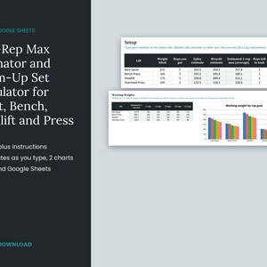 Op de afbeelding: Een digitaal spreadsheet-sjabloon voor Excel en Google Sheets getiteld One-Rep Max Estimator and Warm-Up Set Calculator for Squat, Bench, Deadlift and Press. Het bevat datatabellen voor gewichtheffen en een staafdiagramvisualisatie.