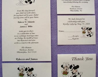 25 Personalized Custom Disney Mickey and Minnie Wedding Bridal Invitations RSVP - Reception  Cards and matching Thank You cards Set