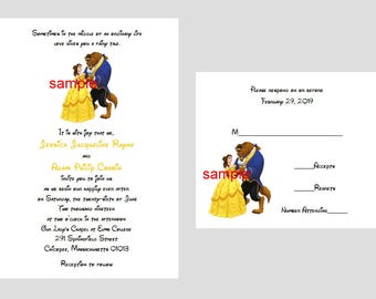 25 Personalized Custom Disney Belle Beauty and the Beast Wedding Bridal Invitations RSVP Cards Set and envelopes