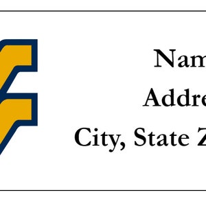 May include: A white label with a blue and gold West Virginia University logo. The label has the text "Name", "Address", and "City, State Zip Code".