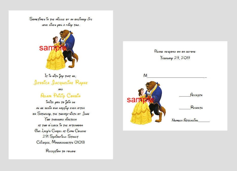 50 Personalized Custom Disney Belle Beauty and the Beast Wedding Bridal Invitations RSVP Cards Set and envelopes