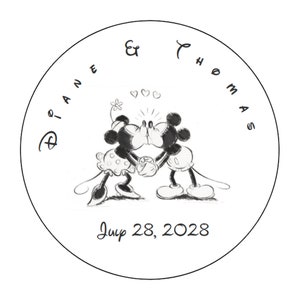 120 Personalized Custom Classic Mickey and Minnie Disney Wedding Round Stickers Envelope Seals