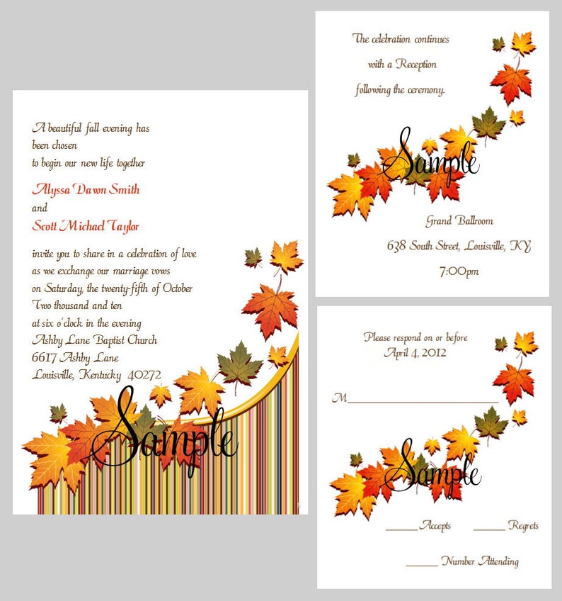 100 Personalized Custom Fall Autumn Leaves Bridal Wedding Ceremony Invitations Cards Set image 1