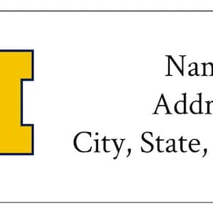 May include: A white label with a yellow "M" in a blue outline. The label also has the text "Name", "Address", and "City, State, Zip Code".