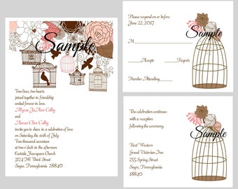 100 Personalized Vintage Birdcage Floral Pink Brown Bridal Wedding Ceremony Invitations Cards Set