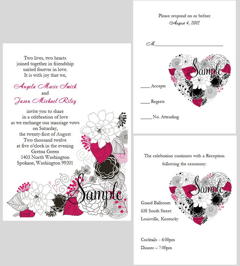 Pink Invitations Heart 100 Personalized Custom Hot Pink Floral Heart Flowers Bridal Wedding ...