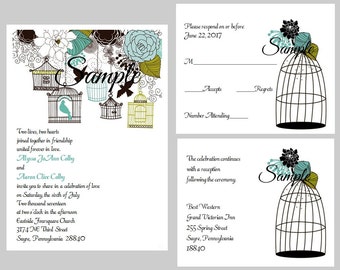 100 Personalized Vintage Birdcage Floral Turquoise / Teal Bridal Wedding Ceremony Invitations Cards Set