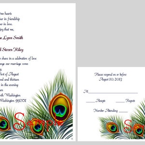 25 Personnalisé Personnalisé Paon Plumes Cérémonie de Mariage Mariage Invitations Cartes Set RSVP