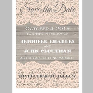 50 personnalisé personnalisé corail dentelle bordure Vintage en bois boisé du bois de grange mariage mariée enregistrer la Date cartes + enveloppes