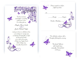 100 personalizados personalizados purple butterfly bridal wedding ceremony invitations Cards Set