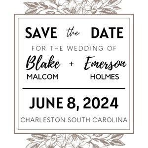 25 Personalized Custom Botanical Magnolia Framed Statement Wedding Save the Date Cards + Envelopes