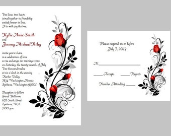 50 Personalized Custom Flower Red Rose Wedding Bridal Announcement Invitations RSVP Cards Set and envelopes