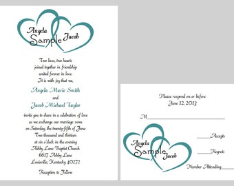 50 Personalized Custom Names Heart Bridal Wedding Ceremony Invitations Cards Set Any Color Hearts