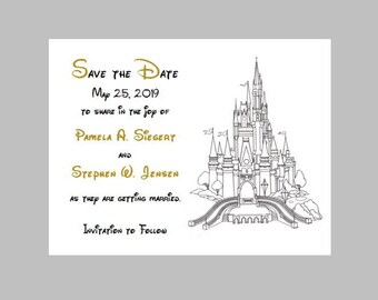 25 Personalized Custom Disney Cinderella Castle Wedding Bridal Save the Date Cards + envelopes