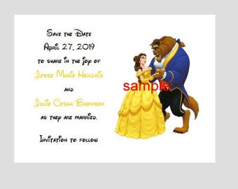 25 Personalized Custom Disney Belle Beauty and the Beast Wedding Bridal Save the Date Cards + envelopes