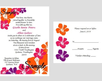 100 Personalized Custom Hibiscus Flower Hawaii Destination Beach Wedding Bridal Invitations RSVP Cards Set and envelopes