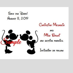 25 Personalized Custom Disney Mickey and Minnie Wedding Bridal Save the Date Cards + envelopes
