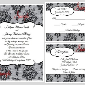 100 Personalized Custom Black Lace Victorian Bridal Wedding Ceremony Invitations Cards Set