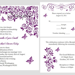 100 personalizados personalizados purple butterfly bridal wedding ceremony invitations Cards Set