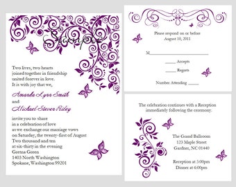 100 personalizados personalizados purple butterfly bridal wedding ceremony invitations Cards Set