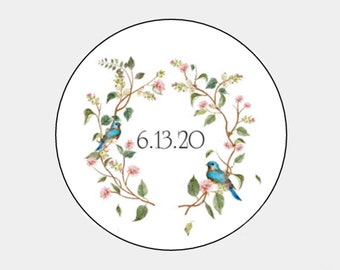 120 Personalized Spring Floral Bird Nature Rustic Wedding Round Stickers Envelope Seals