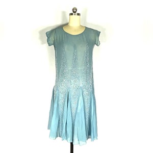 1920s blue silk embroidered dress - small - 1920s art deco beaded dress - 1920s blue beaded silk dress - 1920s dress - 1920s silk dress