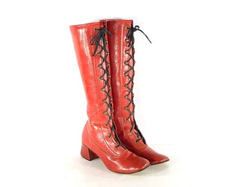 1960s Red Vinyl Lace up Boots - Size 5 - 1960s Lace up Boots