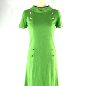 1960s mini dress - small - 1960s mod dress - 1960s green cotton mini dress with brass buttons and cowl neckline - 1960s dress