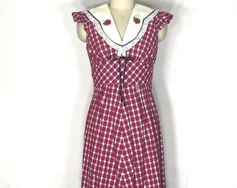 Vestido largo de algodón a cuadros rojos y blancos de los años 70 con cuello fresa (talla pequeña)