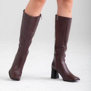 1960s style boots - all sizes - 1960s mod leather boots with squared toe - handmade go go boots - 1990s style tall dark burgundy boots