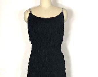 1940s black fringe dress - small - 1940s fringe dress with rhinestone straps - 1940s wiggle dress - deep fringe - black wiggle dress