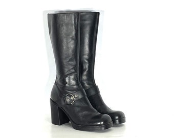 1990s platform boots - size 9.5 - 1990s black leather boots - 1990s black platform boots with side buckle - 1990s boots with mega heels