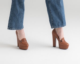 1970s Style Leather Platform Moccasins - Cognac - All Sizes - Handmade High Heel Shoes