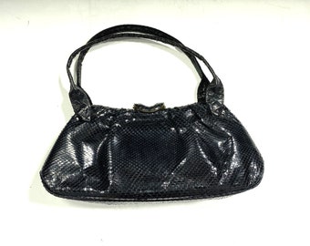 1940s Black Snakeskin Evening Bag: Vintage Suede Interior Handbag