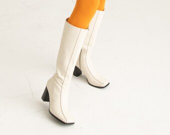 1960s style boots - all sizes - 1960s mod leather boots with squared toe - handmade go go boots - 1990s style white leather boot - 60s boots