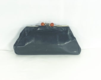 1930s art deco clutch in soft black leather with bakelite - 1930s art deco purse - 1930s black leather purse with chrome - 1930s purse