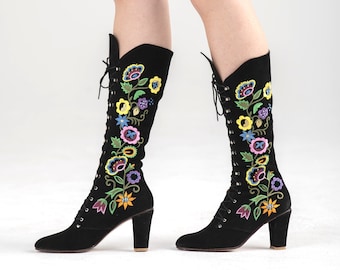 1960s style boots - all sizes - black embroidered suede lace up boots - Almost Famous - 1960s embroidered boots - 1960s Jerry Edouard style