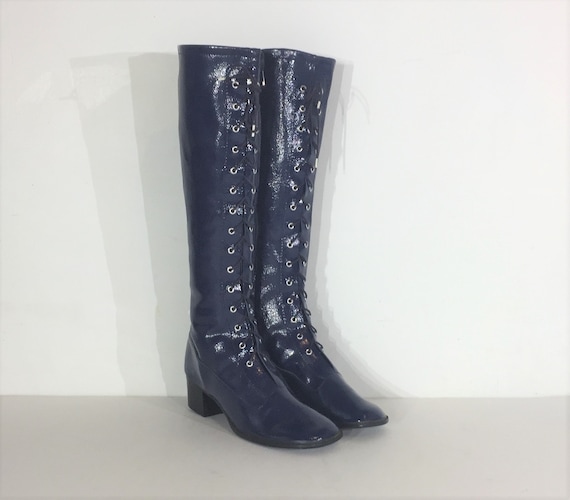 1960s blue vinyl lace up boots - size 6 - 1960s l