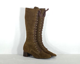 Botas vintage de ante con cordones de los años 70 - Marrón oscuro, estilo bohemio, talla 8.5