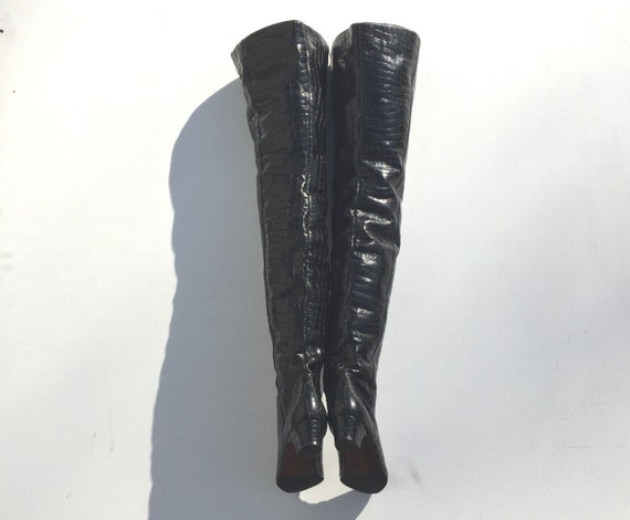 1960s black vinyl faux croc over the knee boots -… - image 4