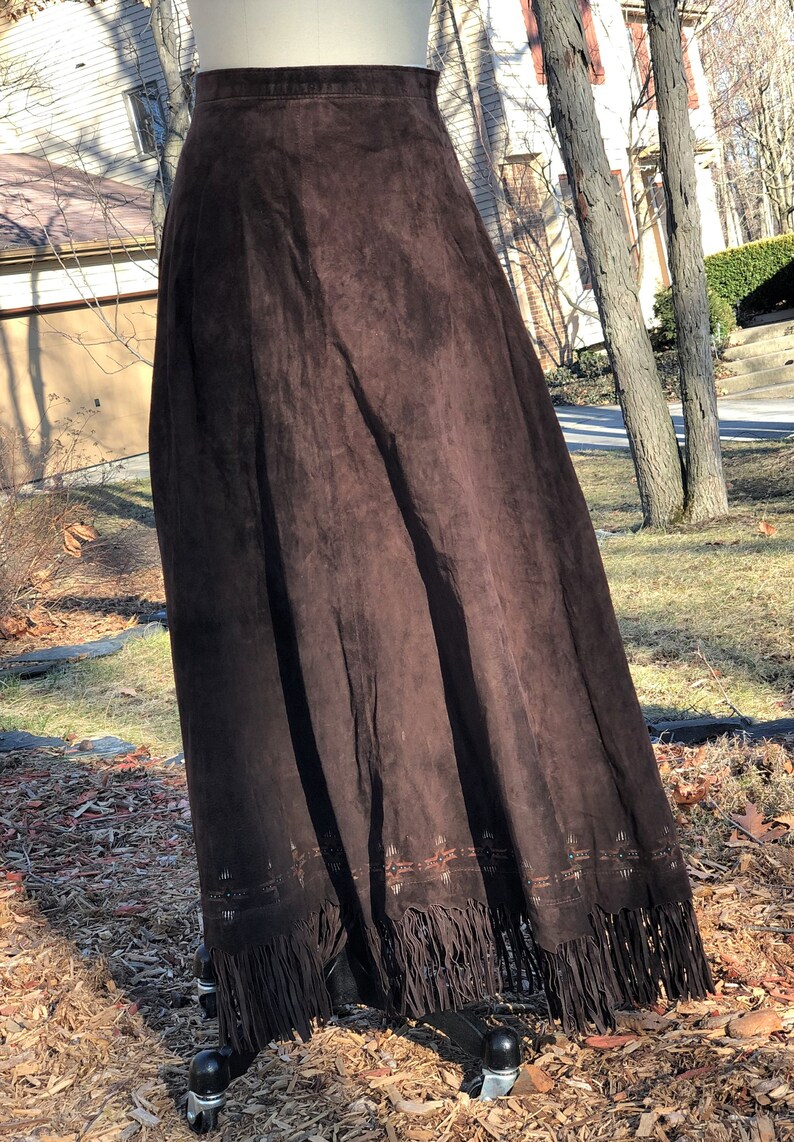suede fringe skirt brown suede skirt 1990s brown suede hand painted Western-style with skirt- small- Cottagecore skirt hippie skirt