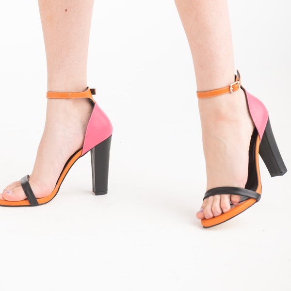 Leather 1990s style platform sandals - handmade - elegant platform shoes in soft leather - strappy high heeled sandals in pink and orange