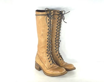 1970s men's light brown leather lace up boots - size 9.5 - 70s leather boots  - 1970s lace up boots - 1970s lace-up boots - 70s men's boots